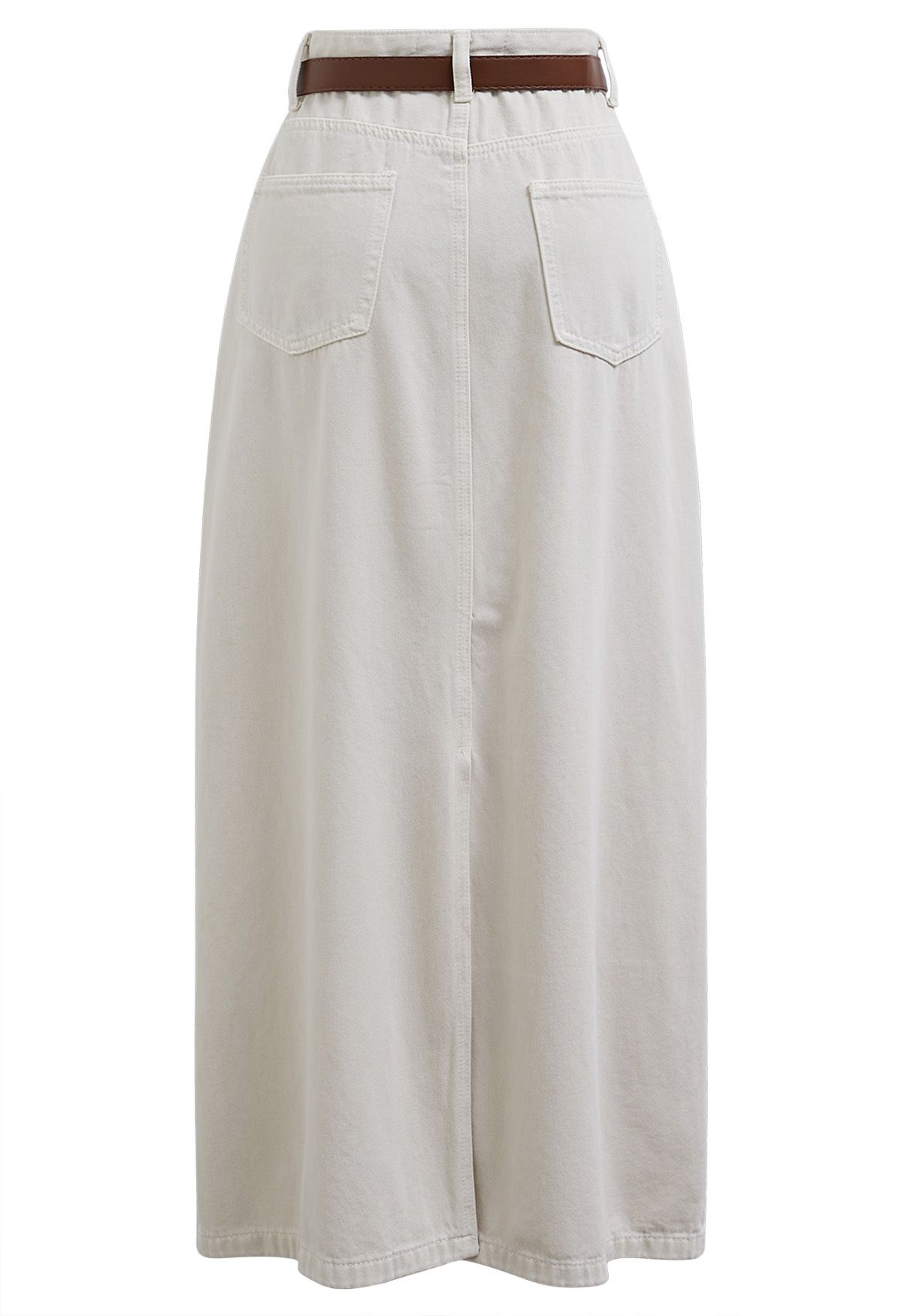 Slit Back Belted Denim Maxi Skirt in Ivory