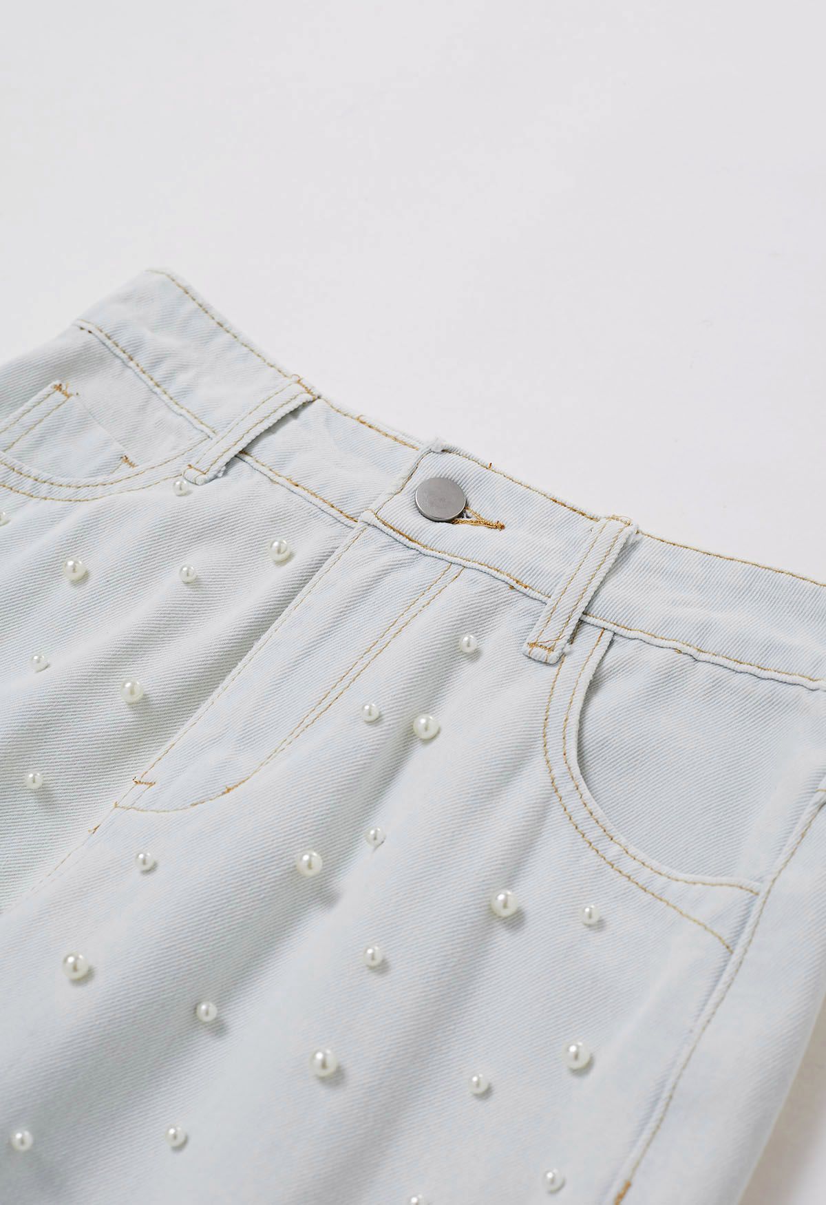 Pearl Adorned Straight-Leg Jeans in Light Blue