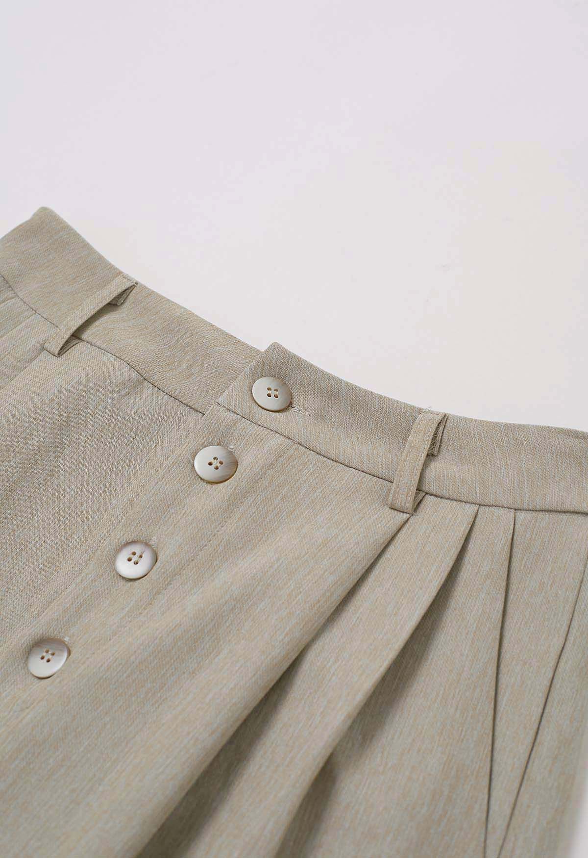 Button Front Pleated Straight-Leg Pants