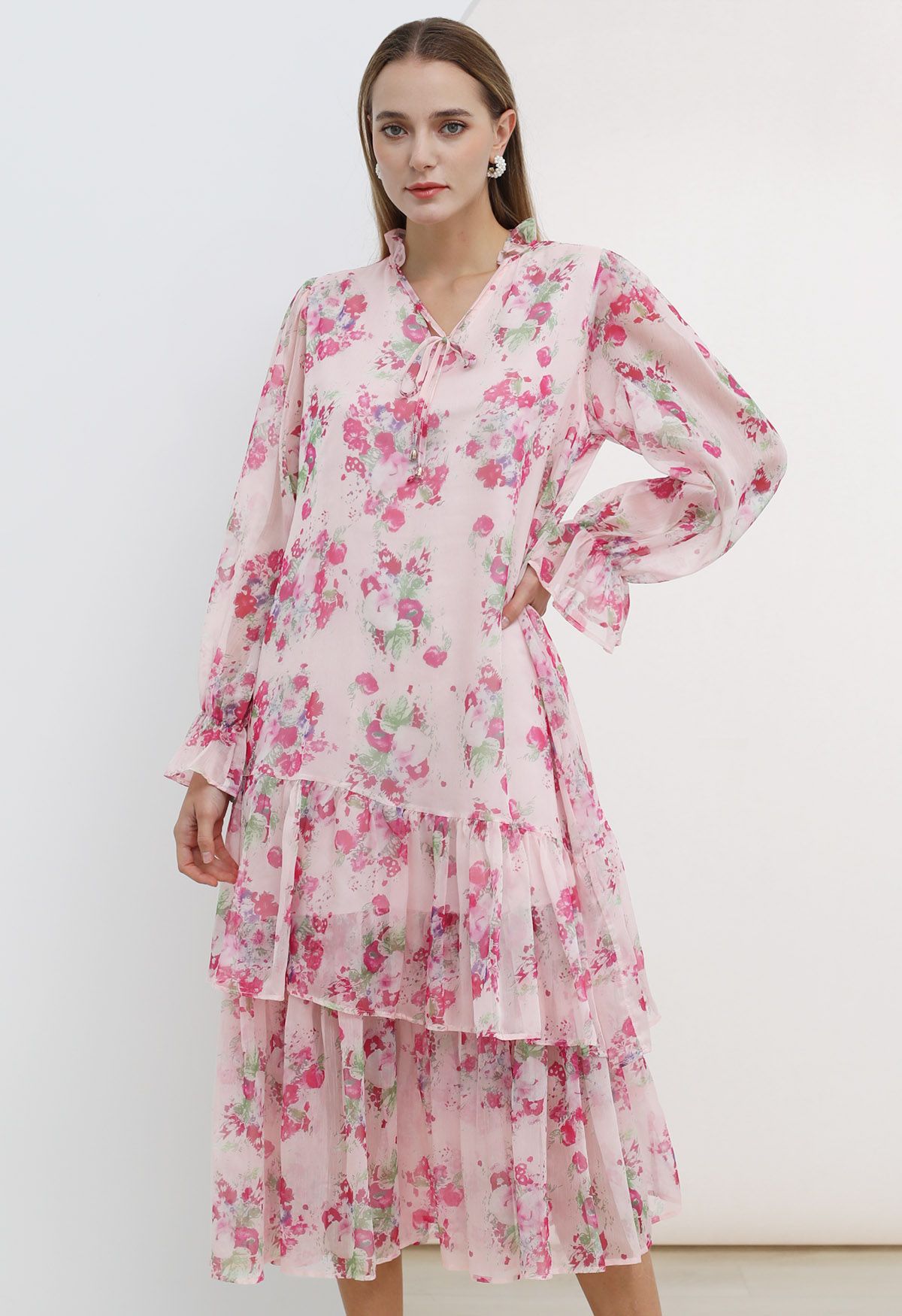 Watercolor Pink Floral Tiered Chiffon Dress - Retro, Indie and Unique ...