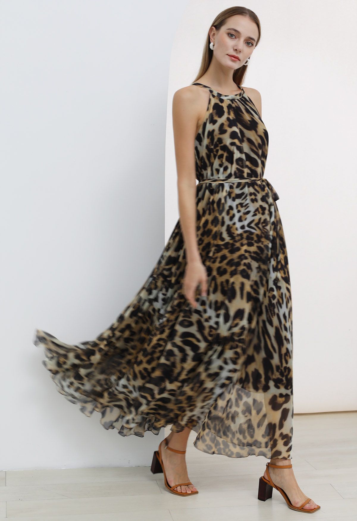 Alluring Animal Print Halter Neck Chiffon Maxi Dress - Retro, Indie and ...