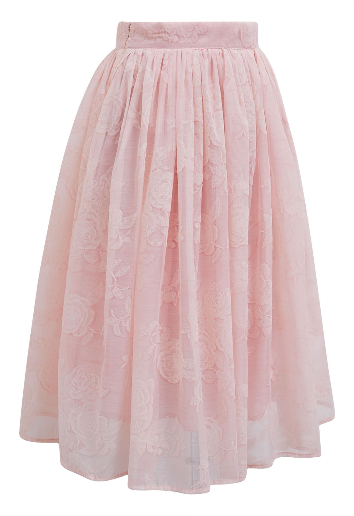 Velvet Rose Texture Organza Midi Skirt in Pink