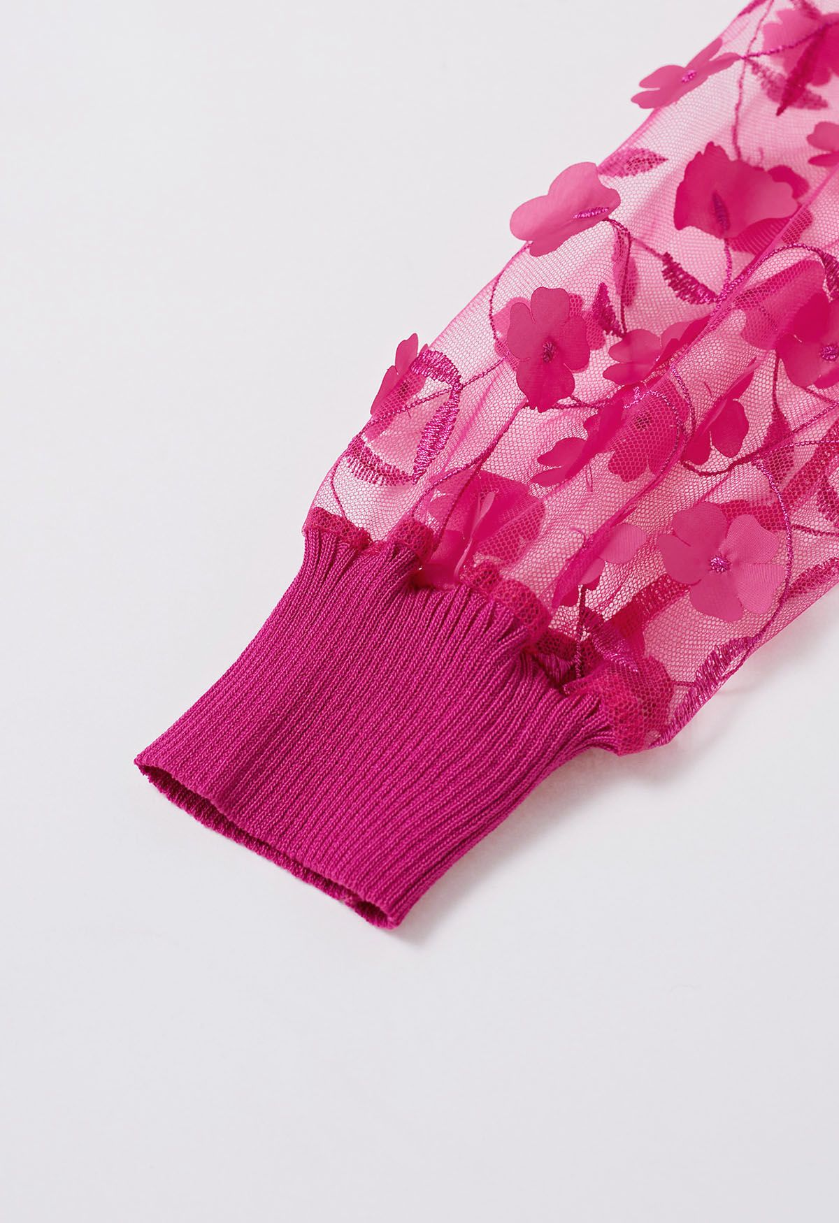 3D Floret Mesh Sleeves Spliced Knit Top in Hot Pink
