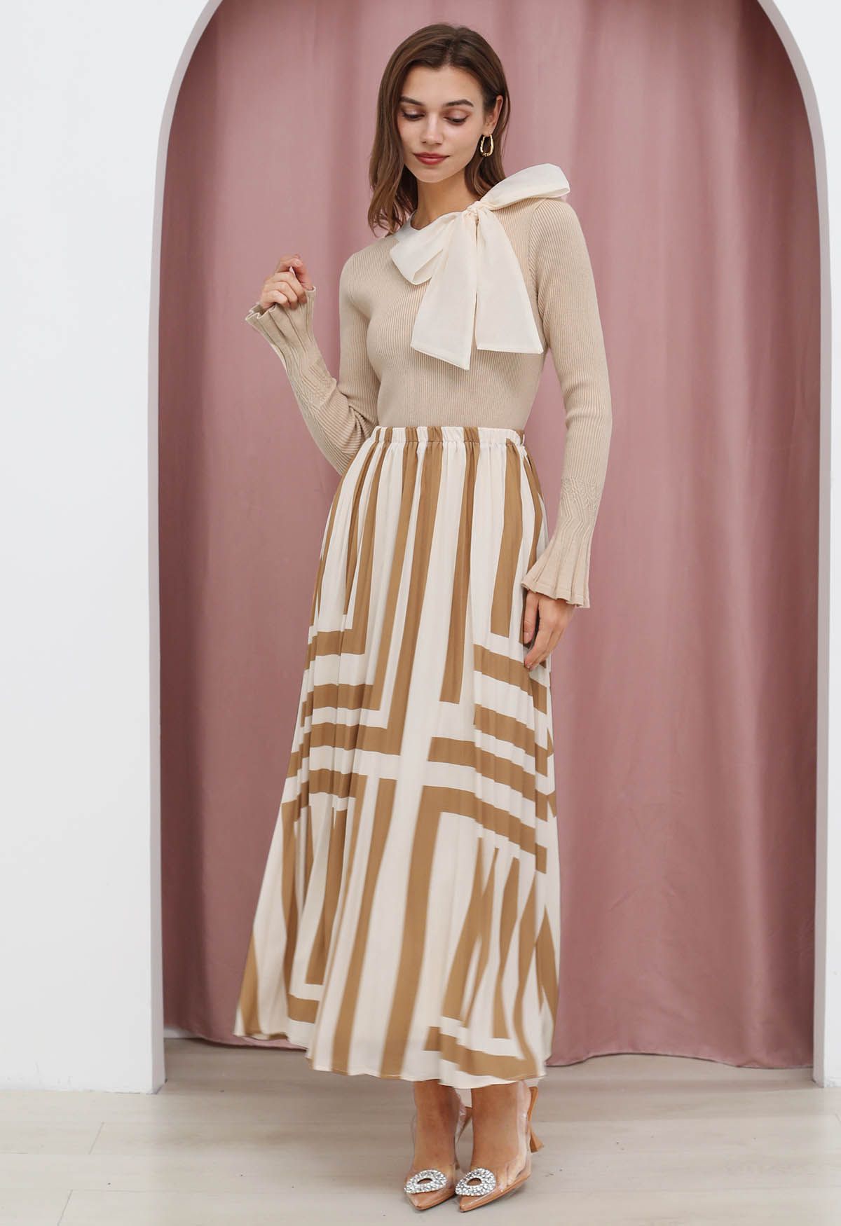 Color Block Pleated Maxi Skirt