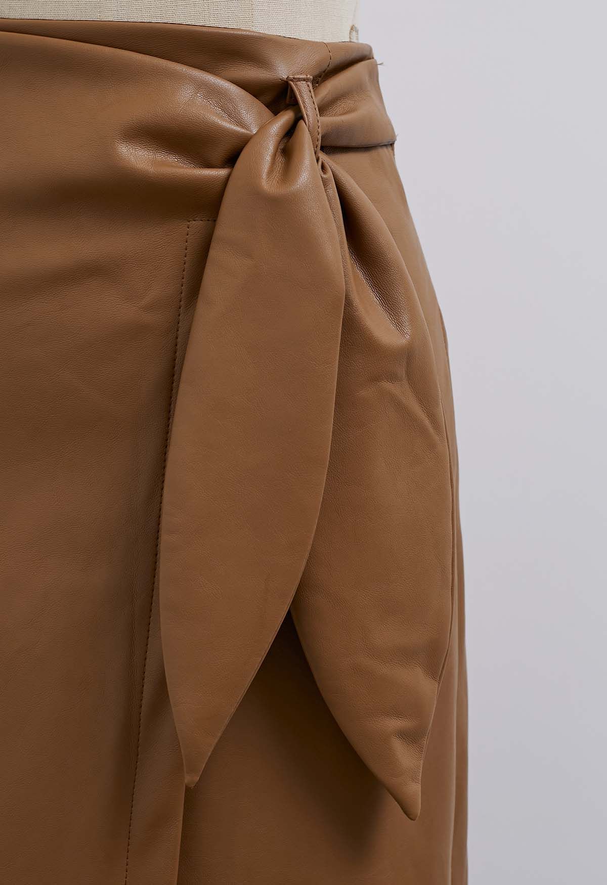 Tie-Waist Faux Leather Flap Skirt