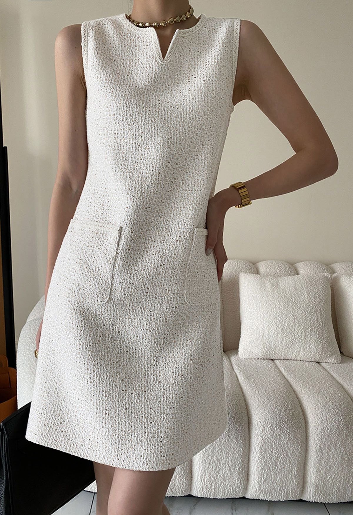 Sequin Embroidery Sleeveless Tweed Dress in White