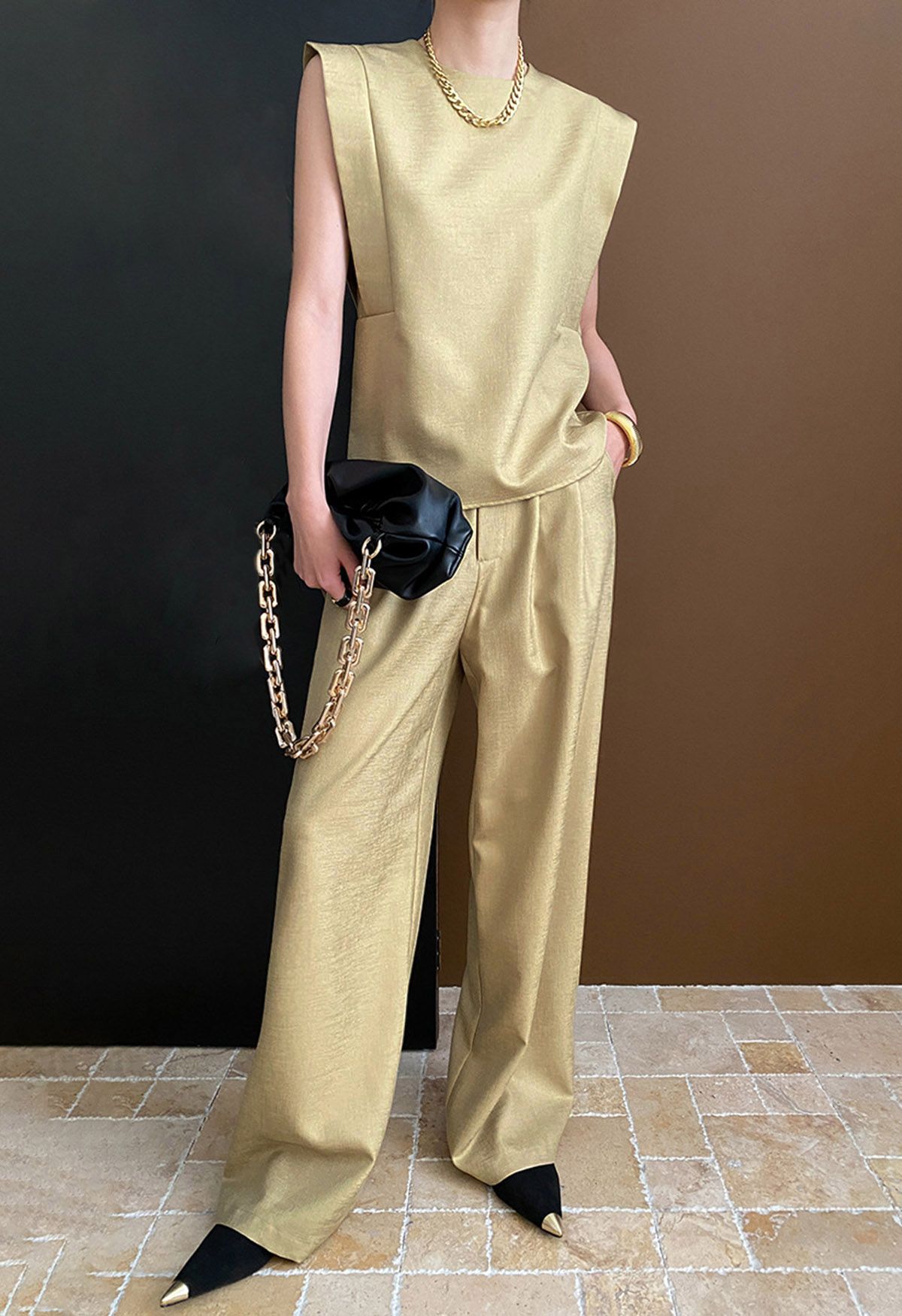 Chic Sleeveless Top and Flowy Wide-Leg Pants Set in Khaki