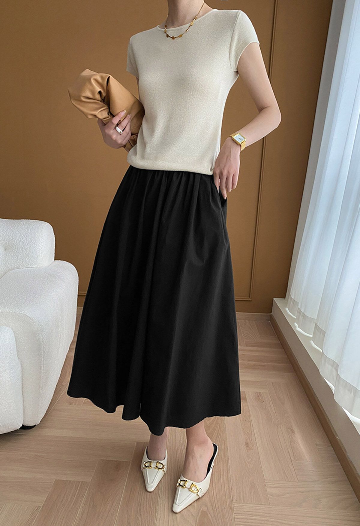 Simple Elegance Texture A-Line Skirt in Black
