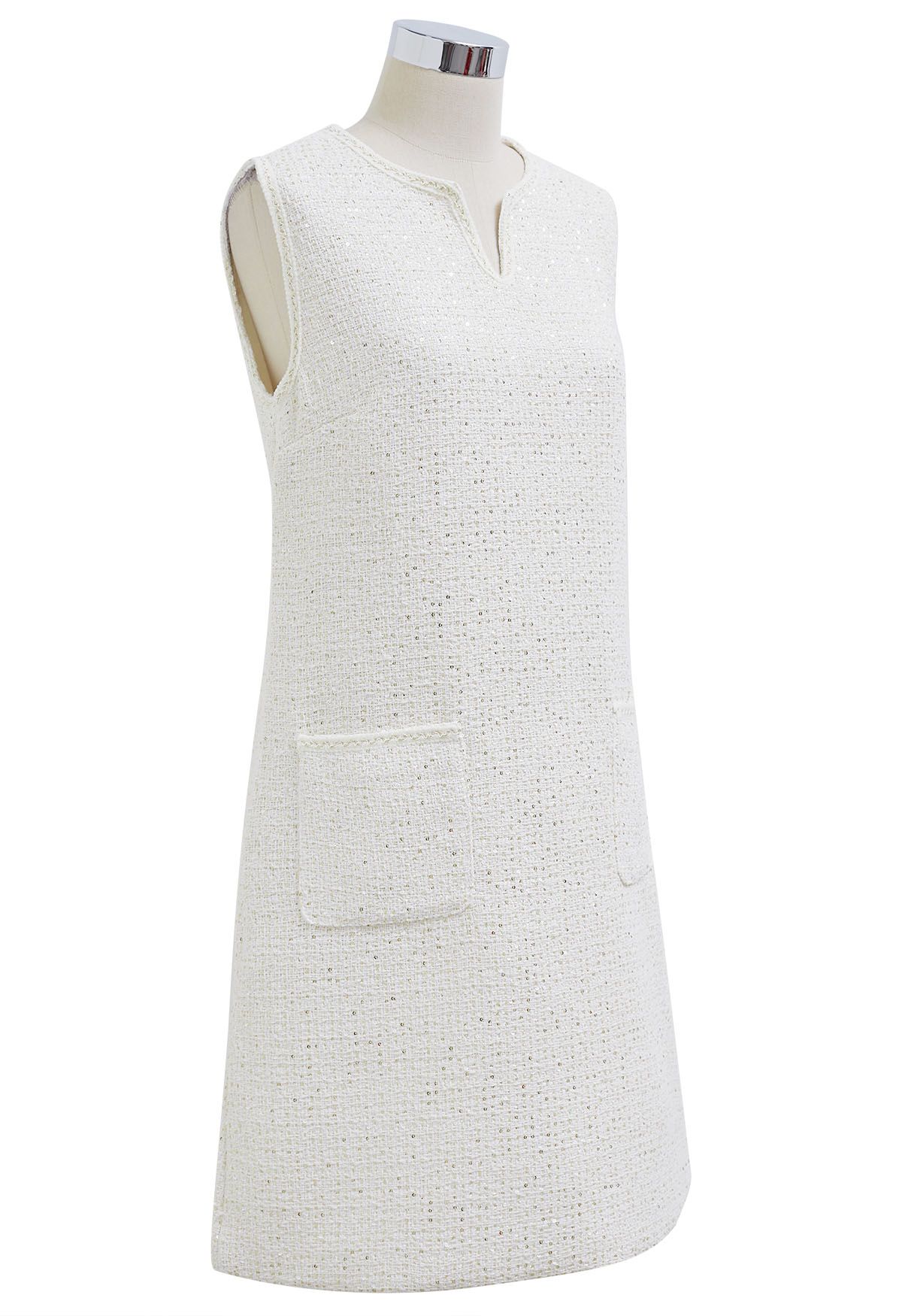 Sequin Embroidery Sleeveless Tweed Dress in White