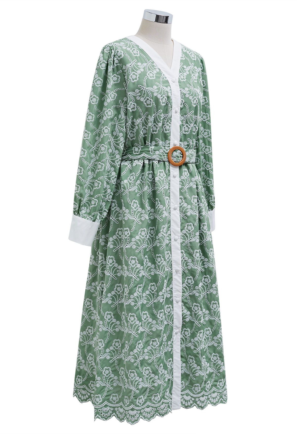 Dancing Floret Embroidered Button Down Dress in Green