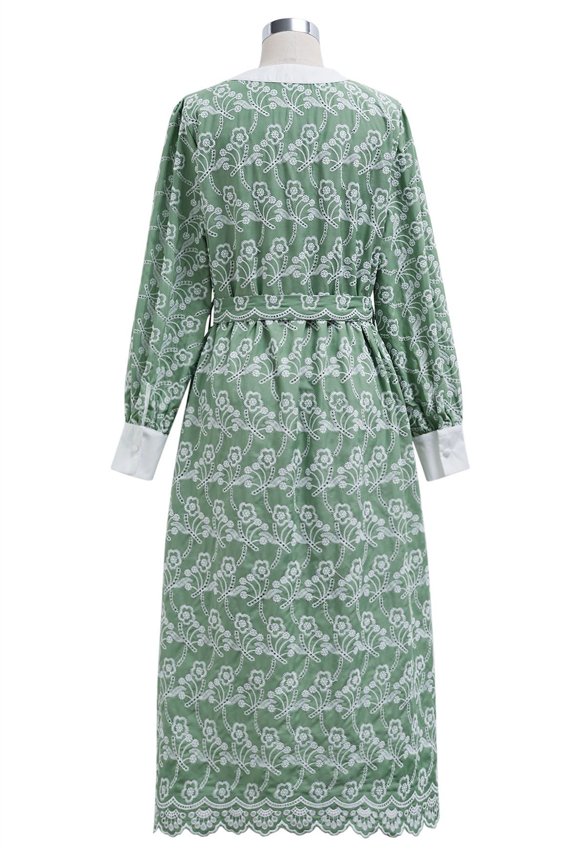 Dancing Floret Embroidered Button Down Dress in Green