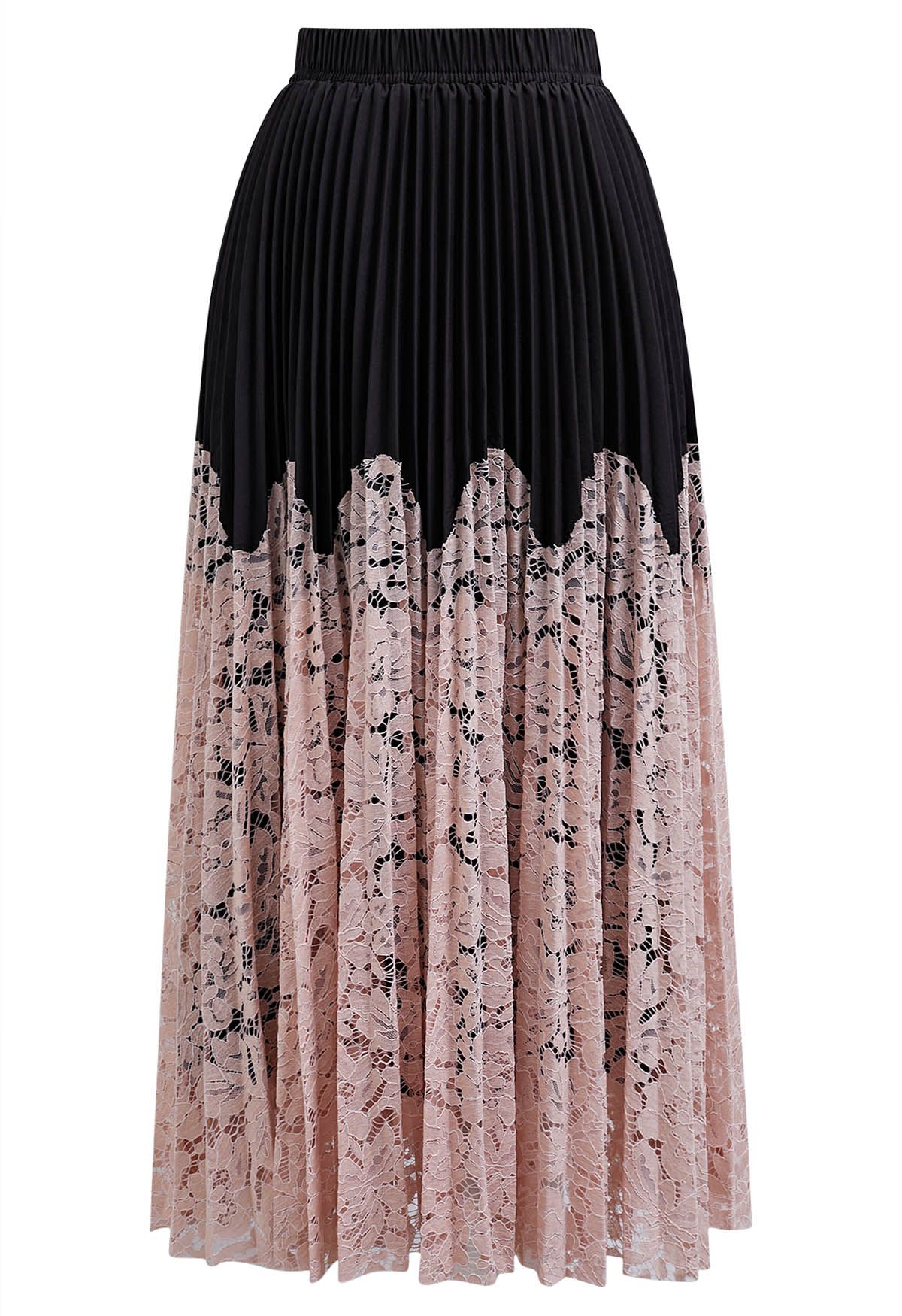 Floral Lace Spliced Pleated Maxi Skirt in Pink
