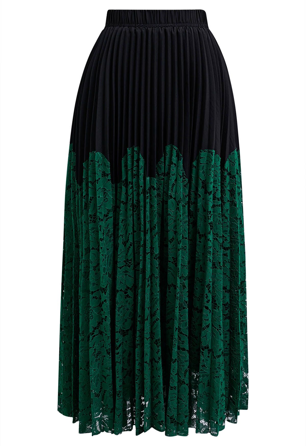 Floral Lace Spliced Pleated Maxi Skirt in Dark Green
