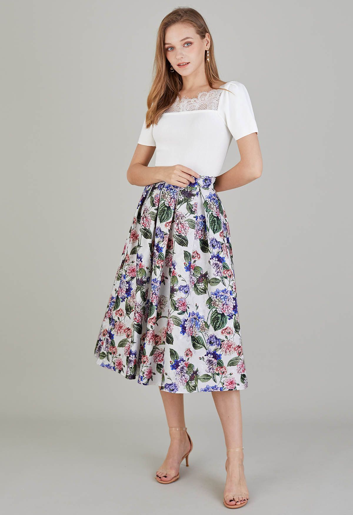 Watercolor Hydrangea Jacquard Pleated Midi Skirt