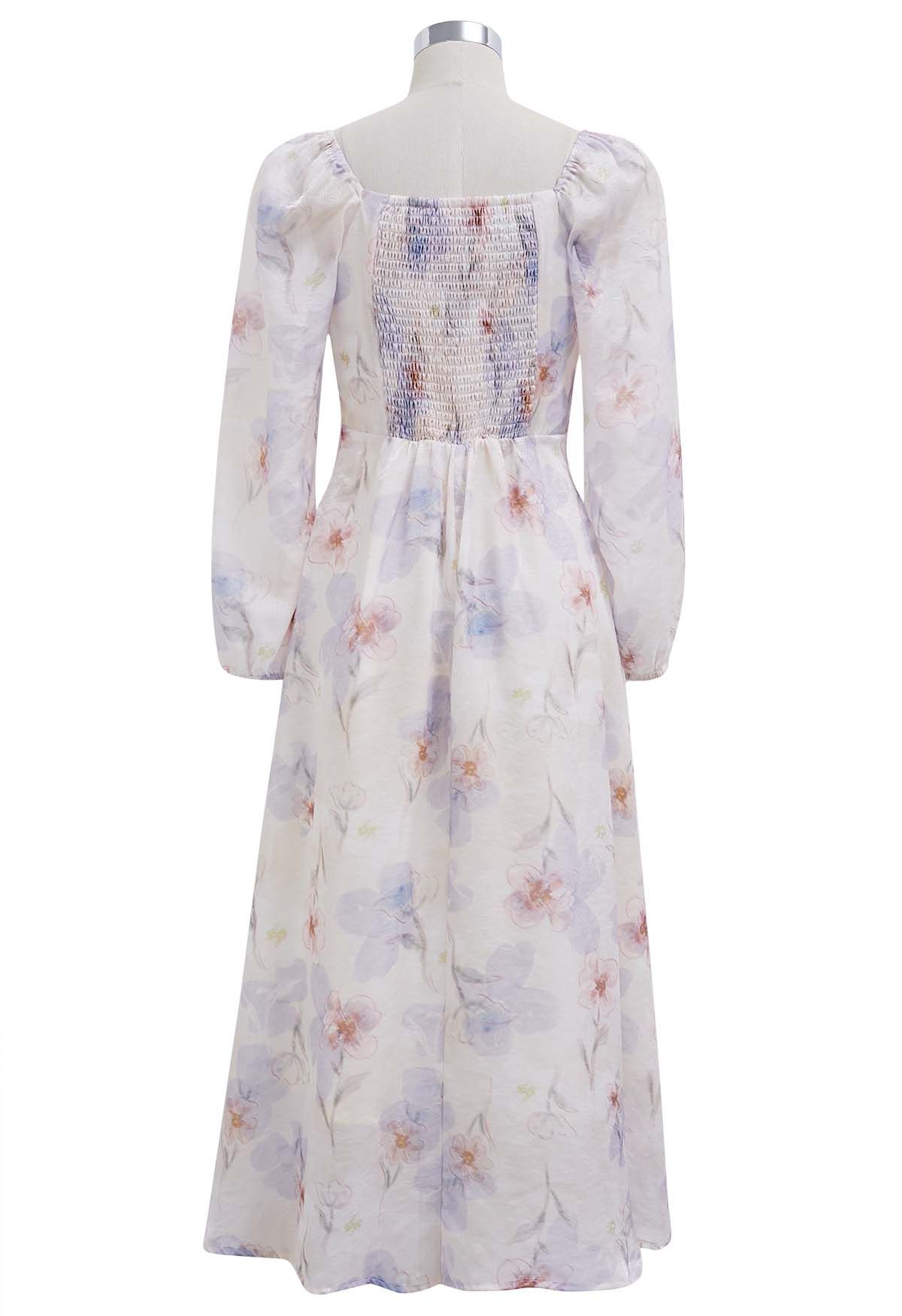 Step into Spring Floral Chiffon Midi Dress in Light Blue
