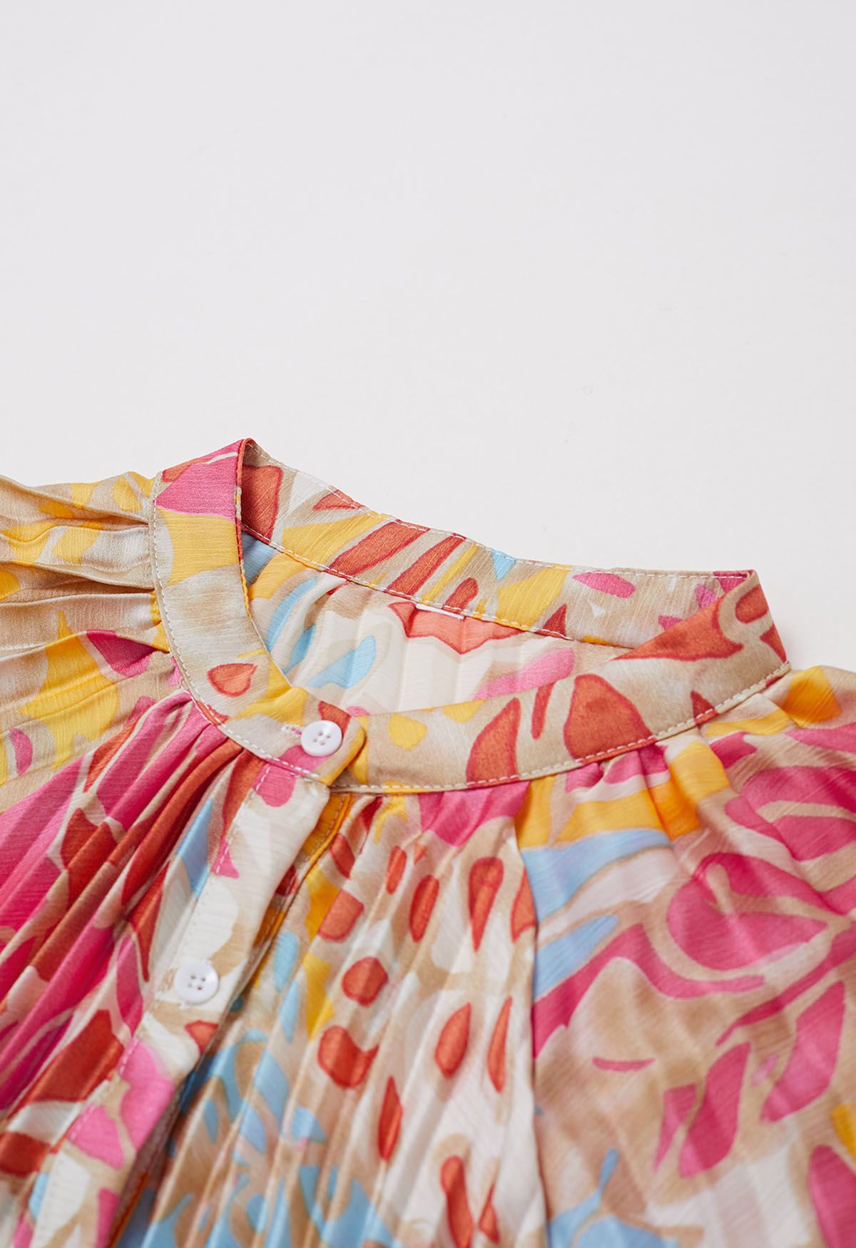 Coral Tropical Printed Full Pleats Button Down Asymmetric Maxi Dress