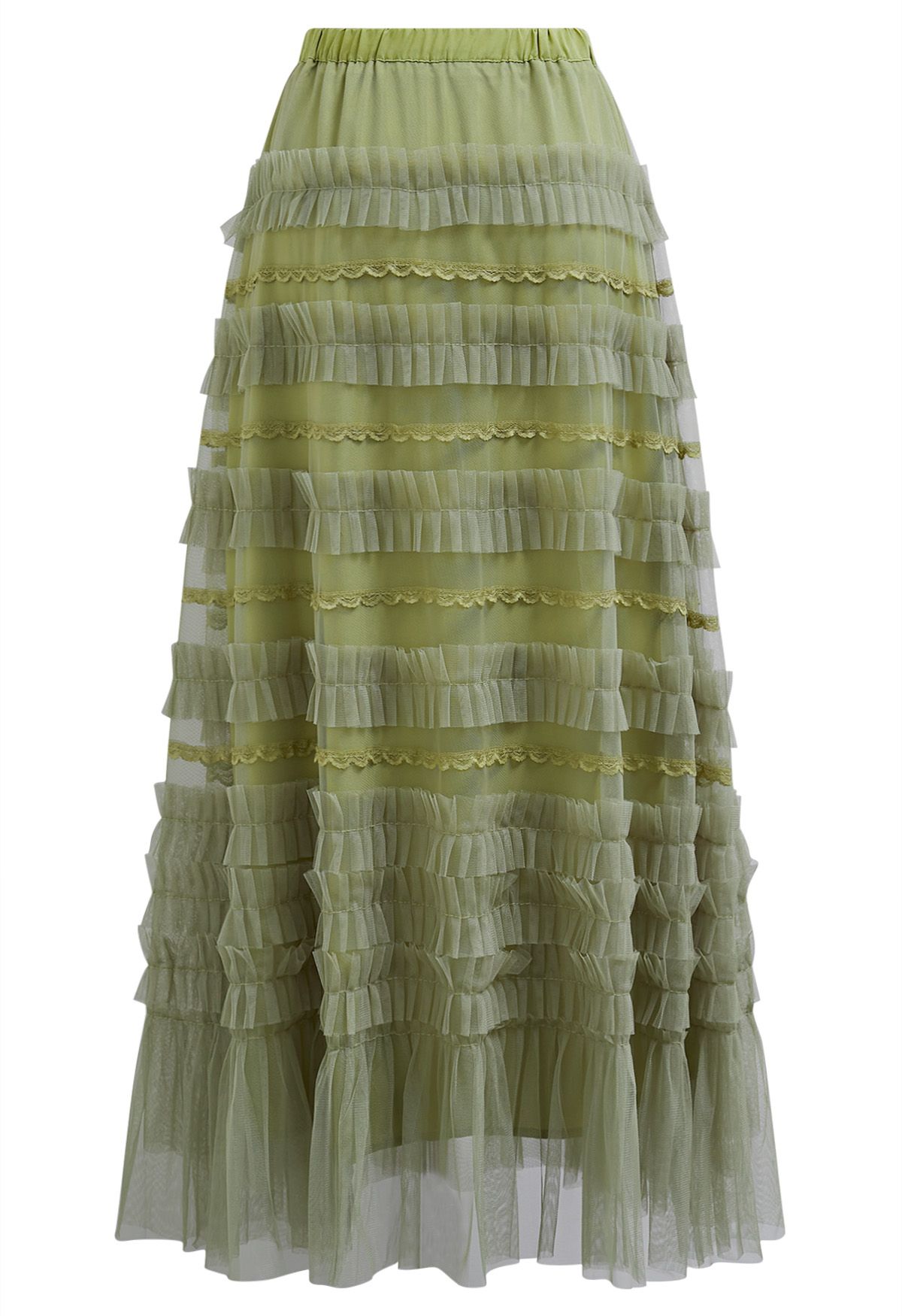 Ruffle Lace Mesh Tulle Maxi Skirt in Lime