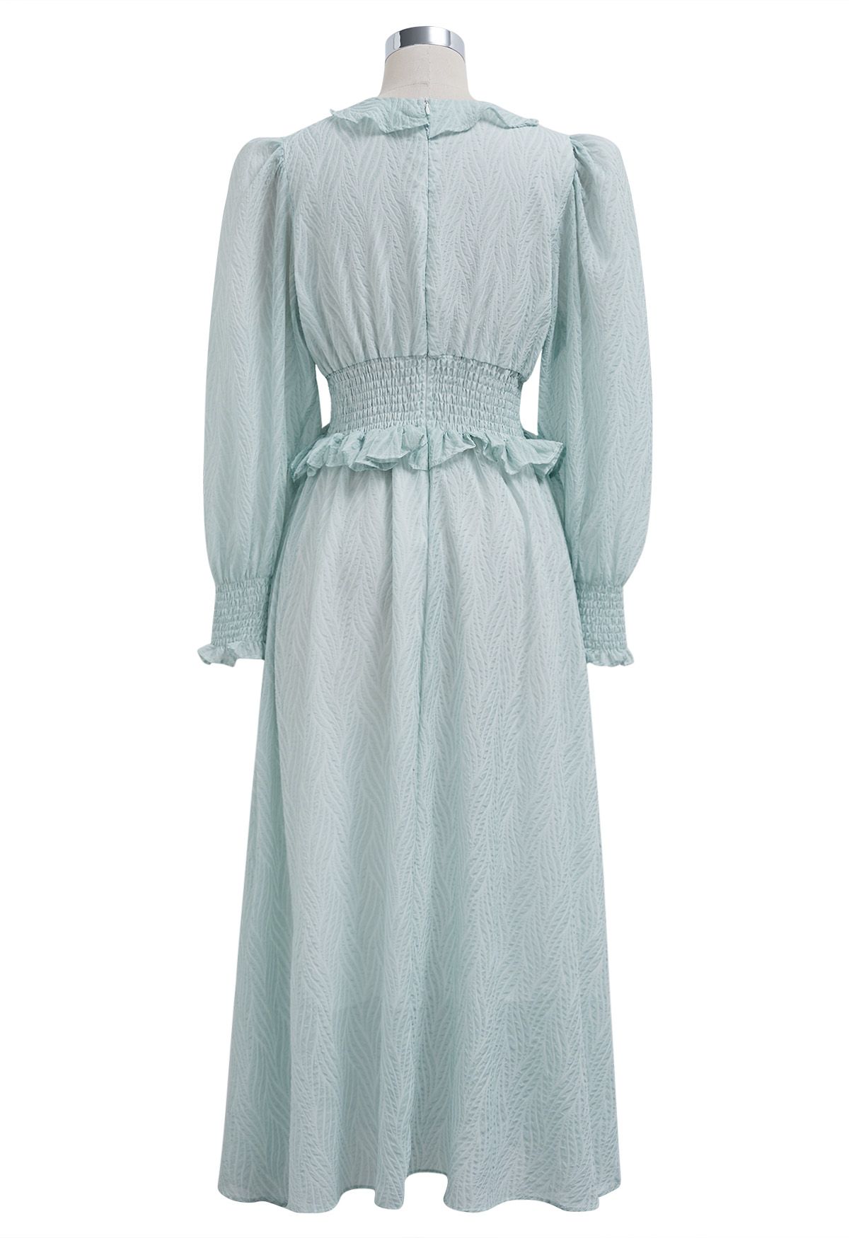 Ruffle Trim Shirred Waist Texture Midi Dress