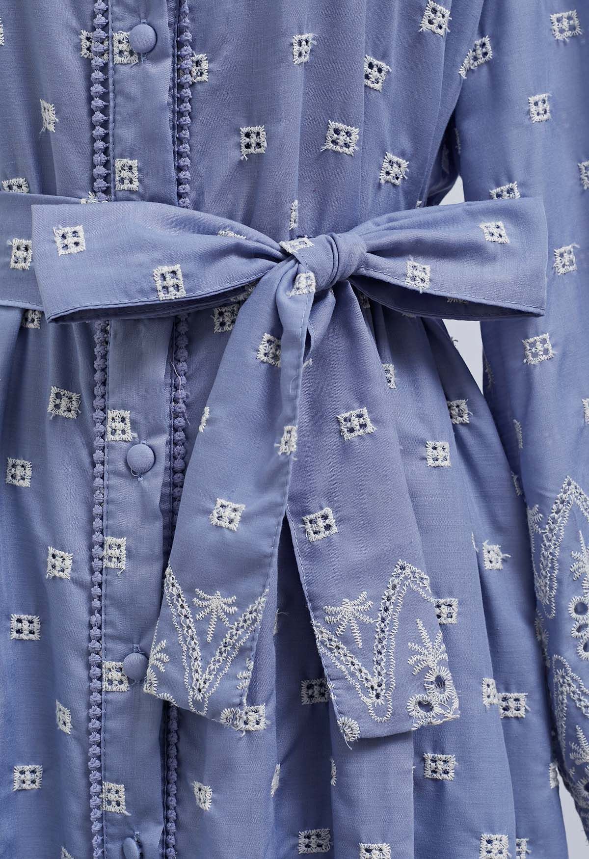 Tie-Waist Eyelet Embroidered Cotton Shirt Dress in Blue