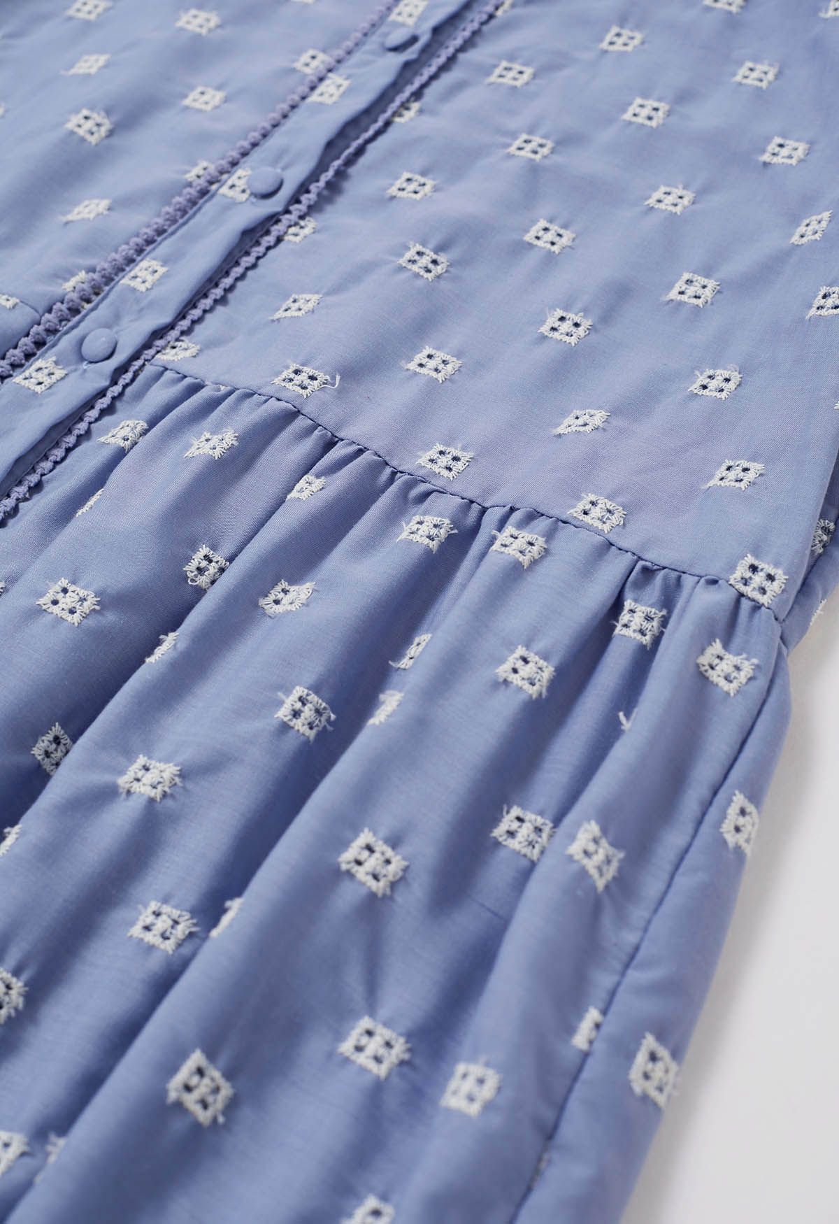Tie-Waist Eyelet Embroidered Cotton Shirt Dress in Blue