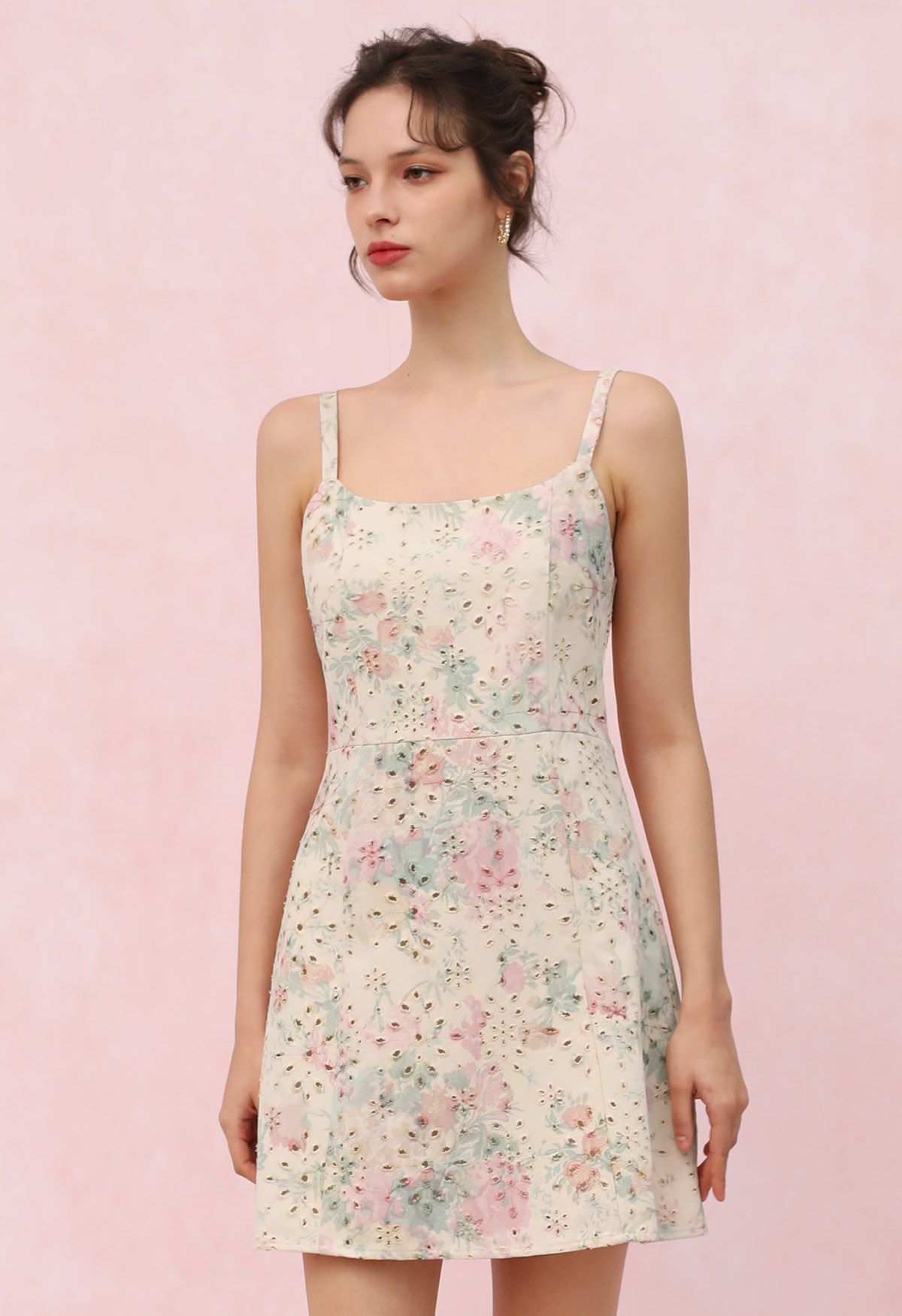 Rose Printed Eyelet Embroidered Cami Denim Dress in Pink - Retro, Indie and  Unique Fashion