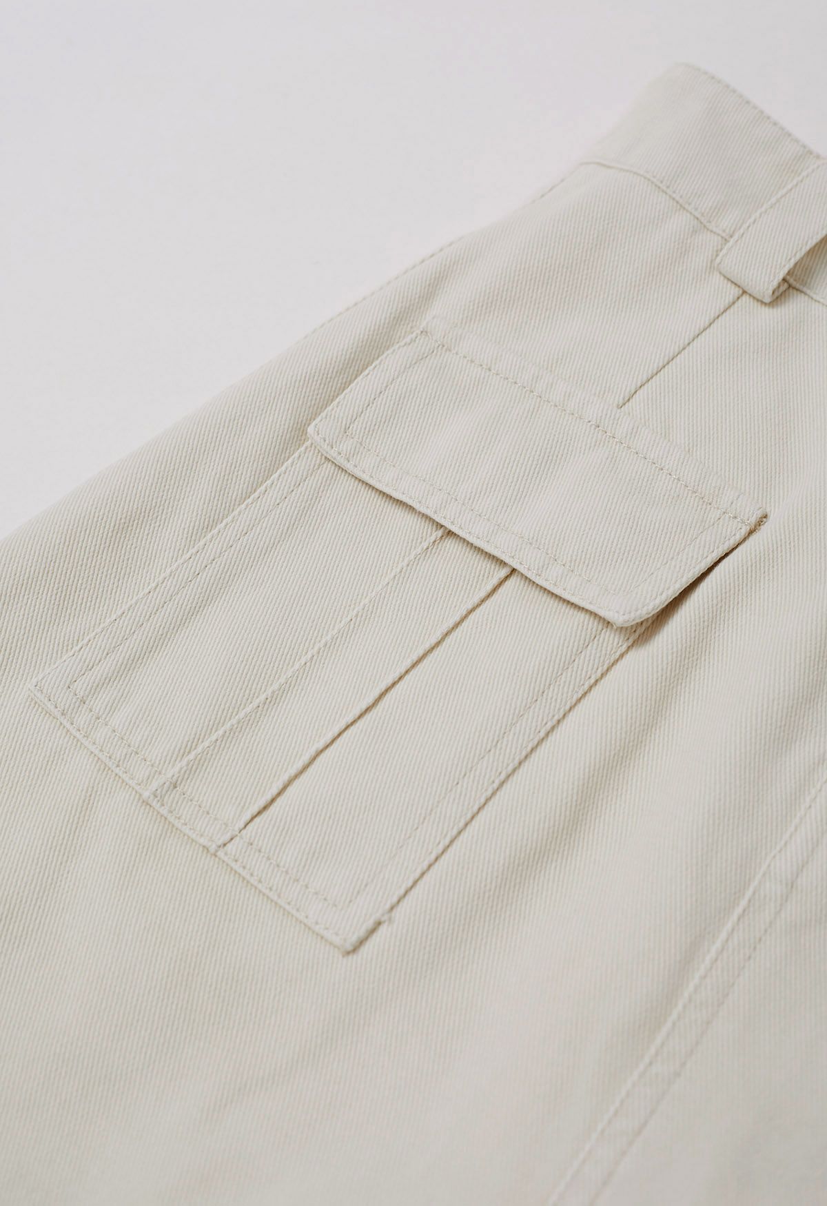Flap Pocket Denim Mini Skirt with Belt in Ivory