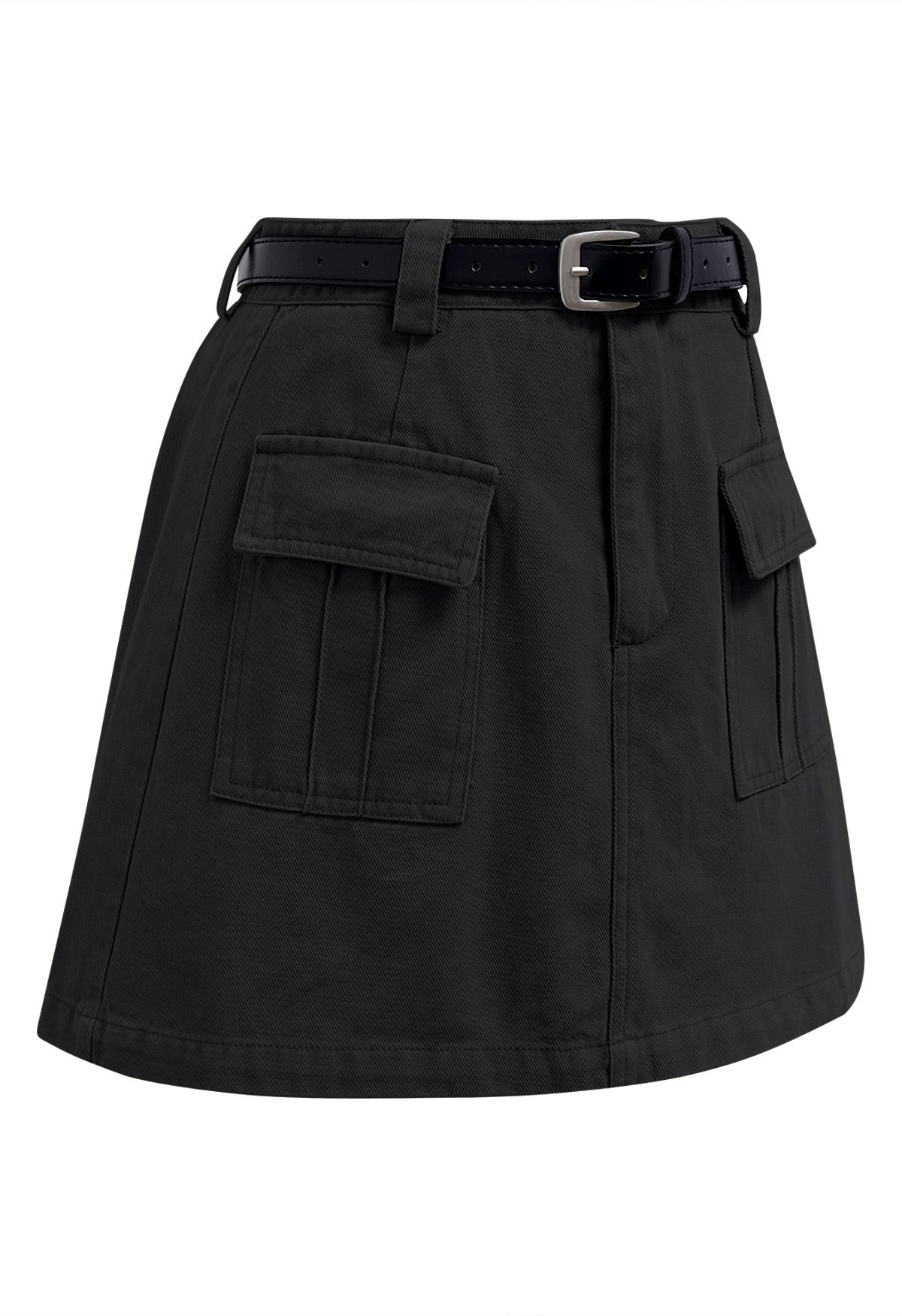 Flap Pocket Denim Mini Skirt with Belt in Black