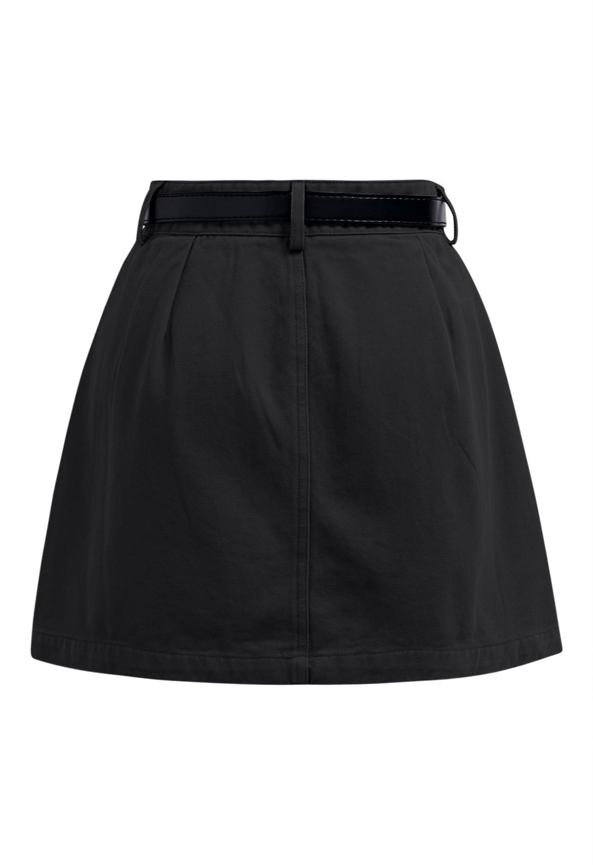 Flap Pocket Denim Mini Skirt with Belt in Black