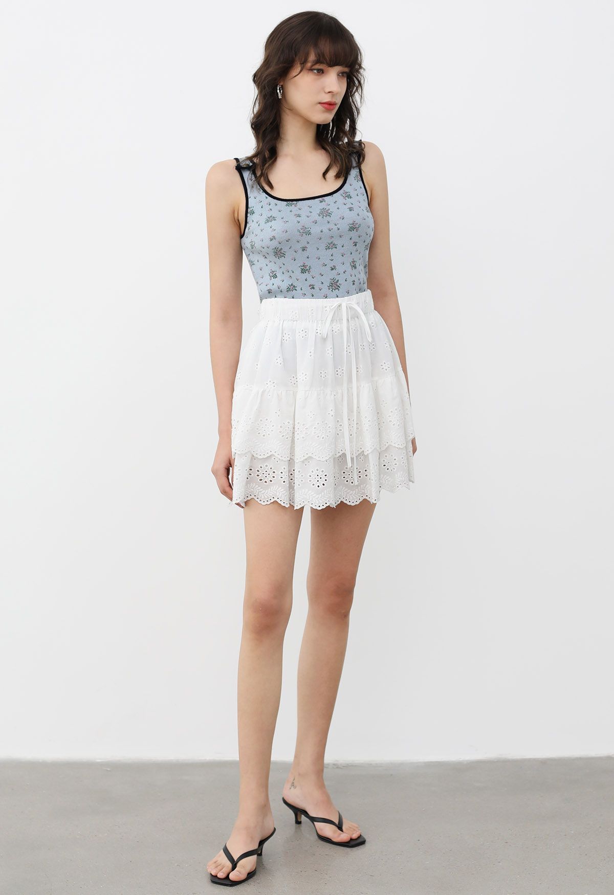 Eyelet Embroidery Tiered Mini Skirt in White