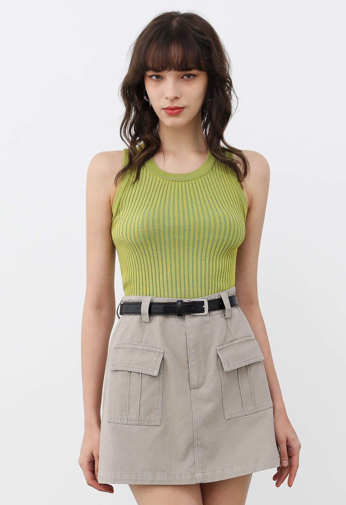 Flap Pocket Denim Mini Skirt with Belt in Linen