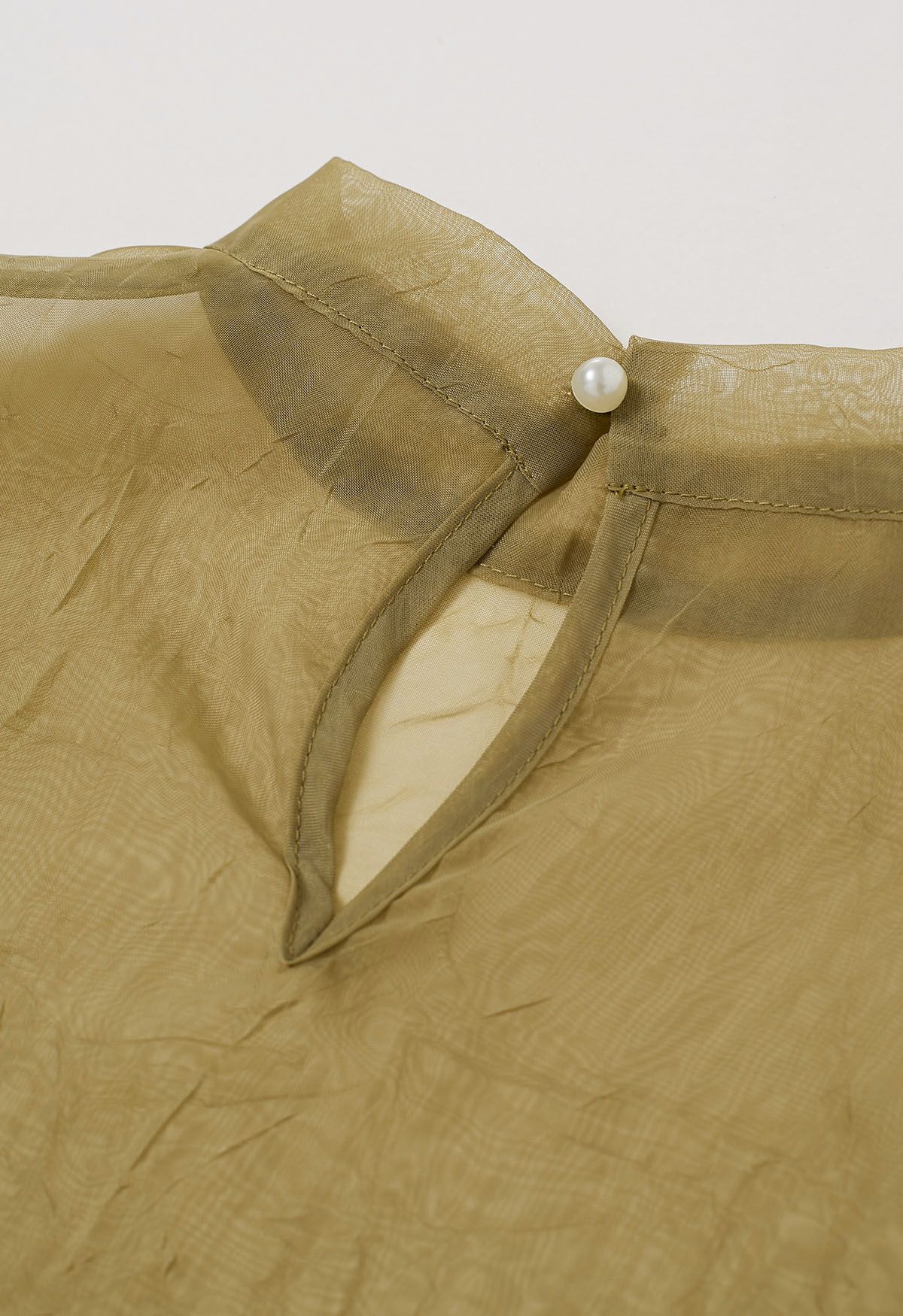 Rose Brooch Puff Sleeve Texture Sheer Top in Khaki