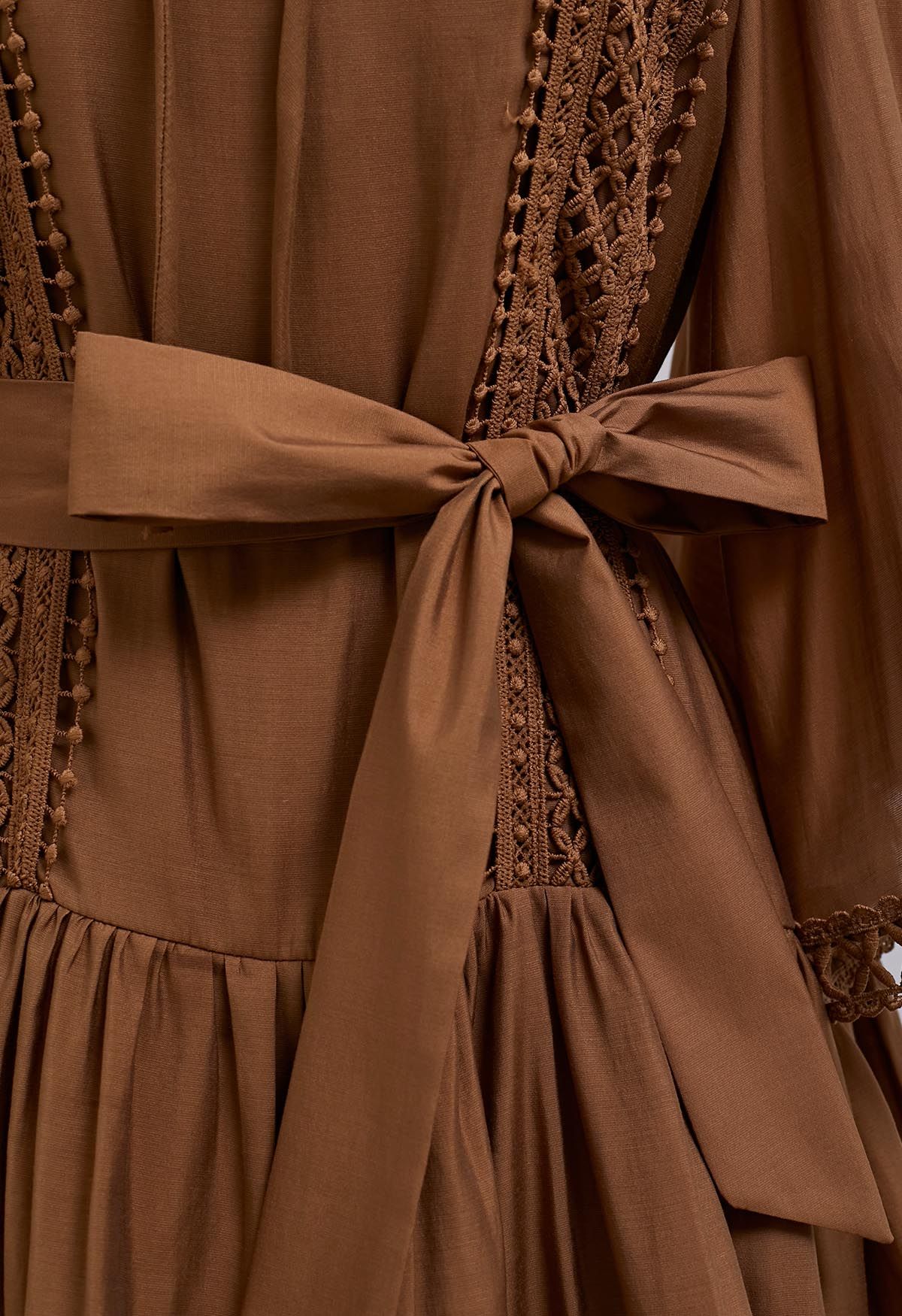 Cutwork Trim Flare Sleeve Tiered Dress in Caramel