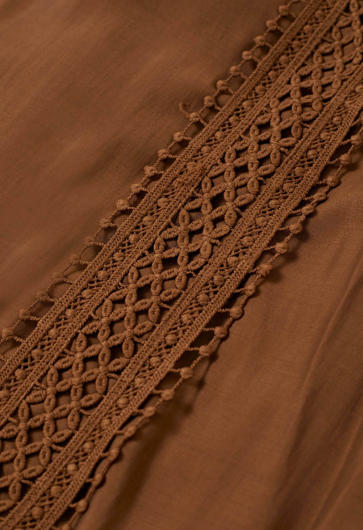 Cutwork Trim Flare Sleeve Tiered Dress in Caramel