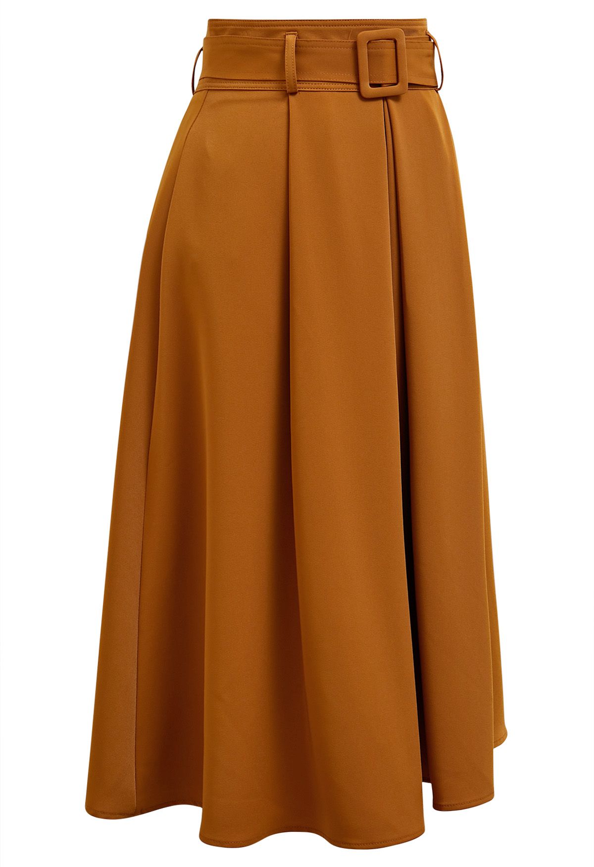 Refined Pleated Belt Midi Skirt in Orange