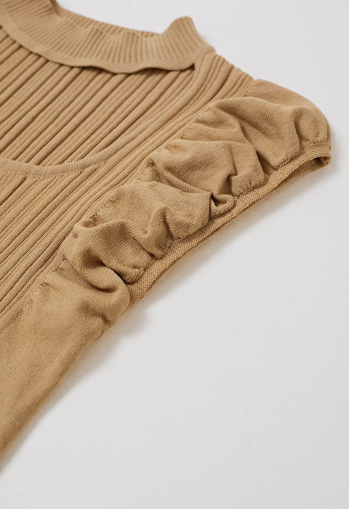 Choker Neck Ruched Cap Sleeves Knit Top in Tan