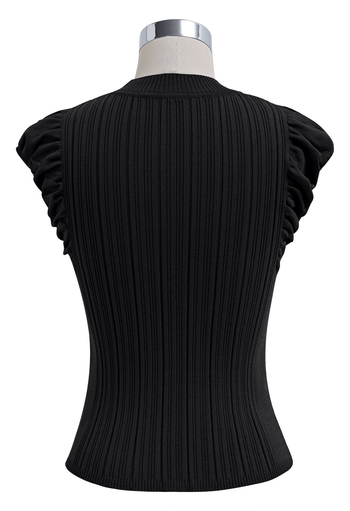 Choker Neck Ruched Cap Sleeves Knit Top in Black