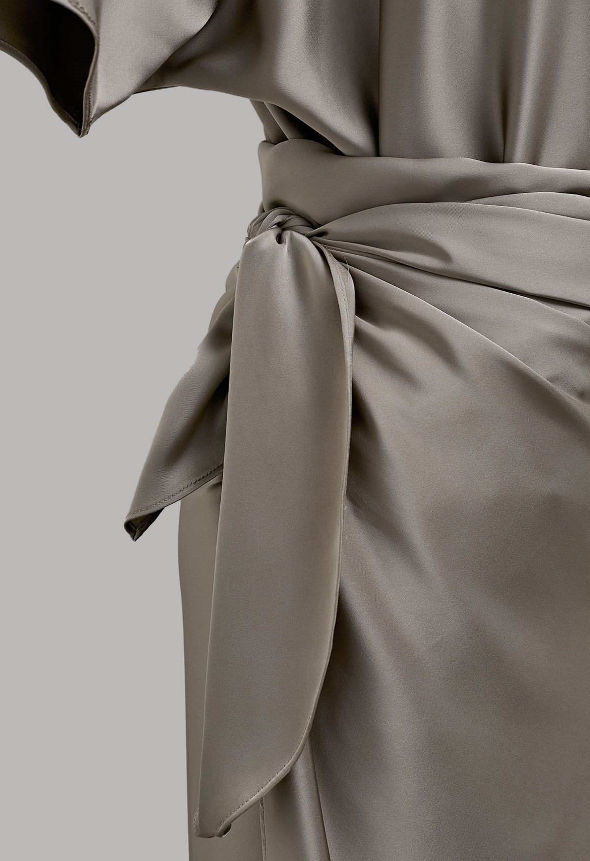 Satin Short-Sleeve Wrapped Waist Maxi Dress in Taupe