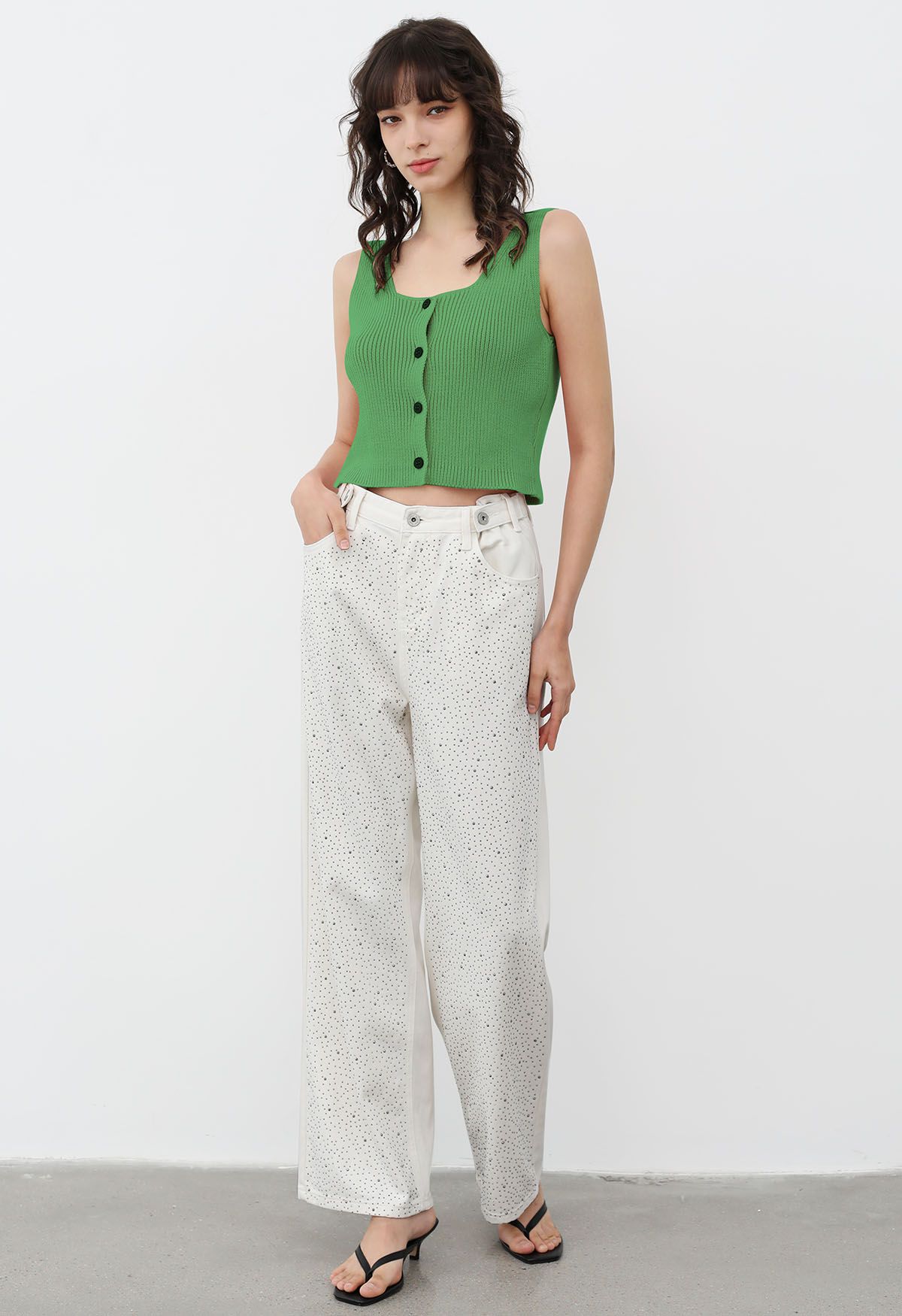 Button Down Sleeveless Knit Crop Top in Green
