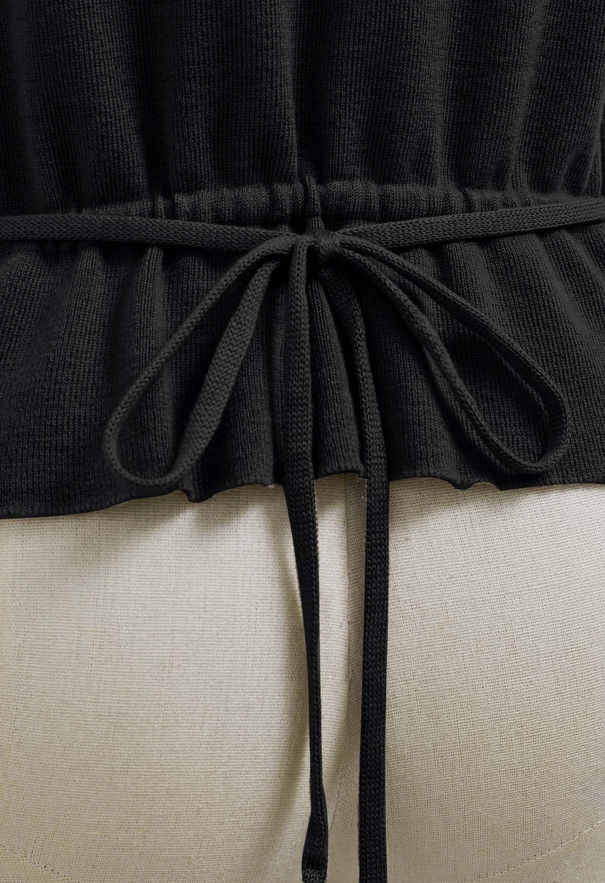 Back Drawstring Waist Mock Neck Knit Top in Black