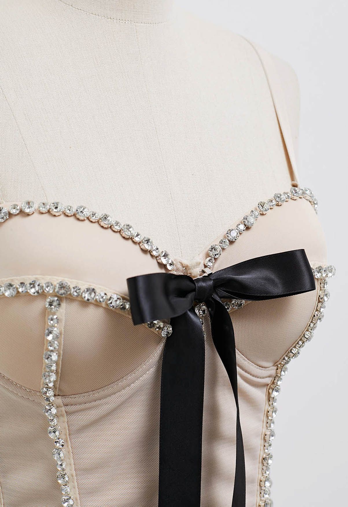 Bowknot Rhinestone Embellished Bustier Crop Top in Apricot
