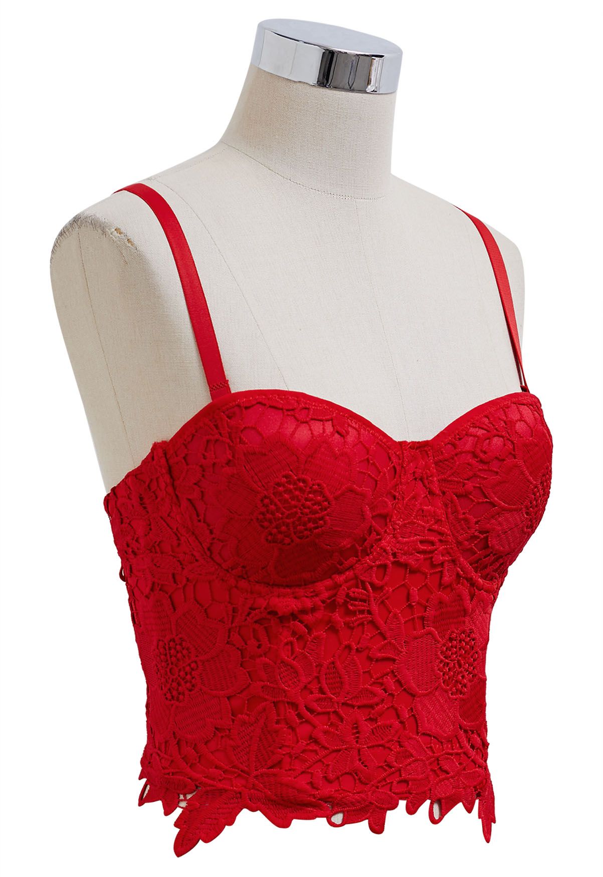 Floral Cutwork Lace Bustier Crop Top in Red