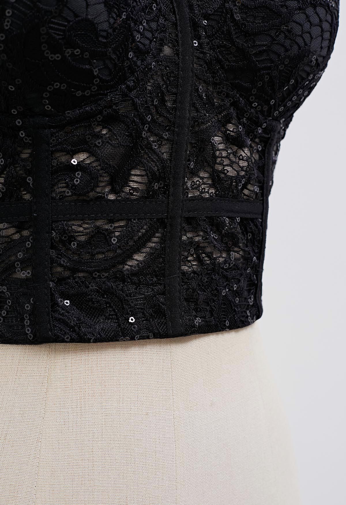Sequined Lace Bustier Crop Top in Black