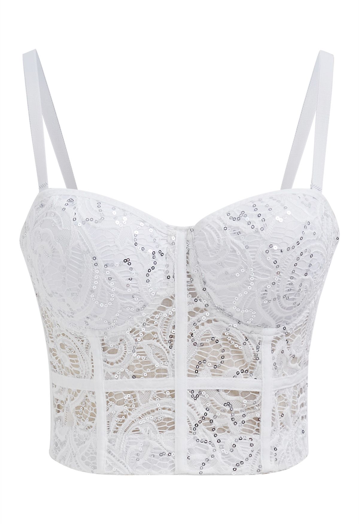 Sequined Lace Bustier Crop Top in White
