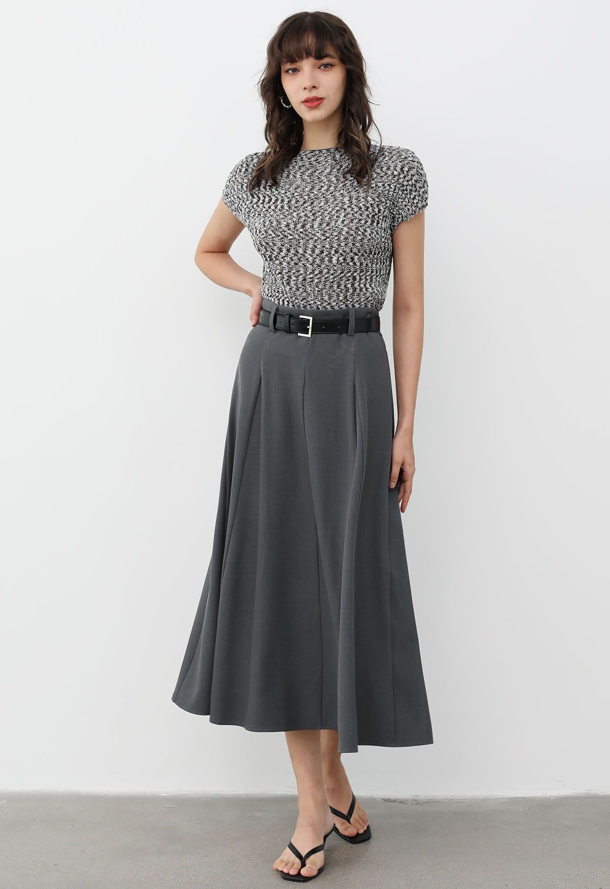 Chic Illusion Belted Flare Maxi Skirt in Smoke