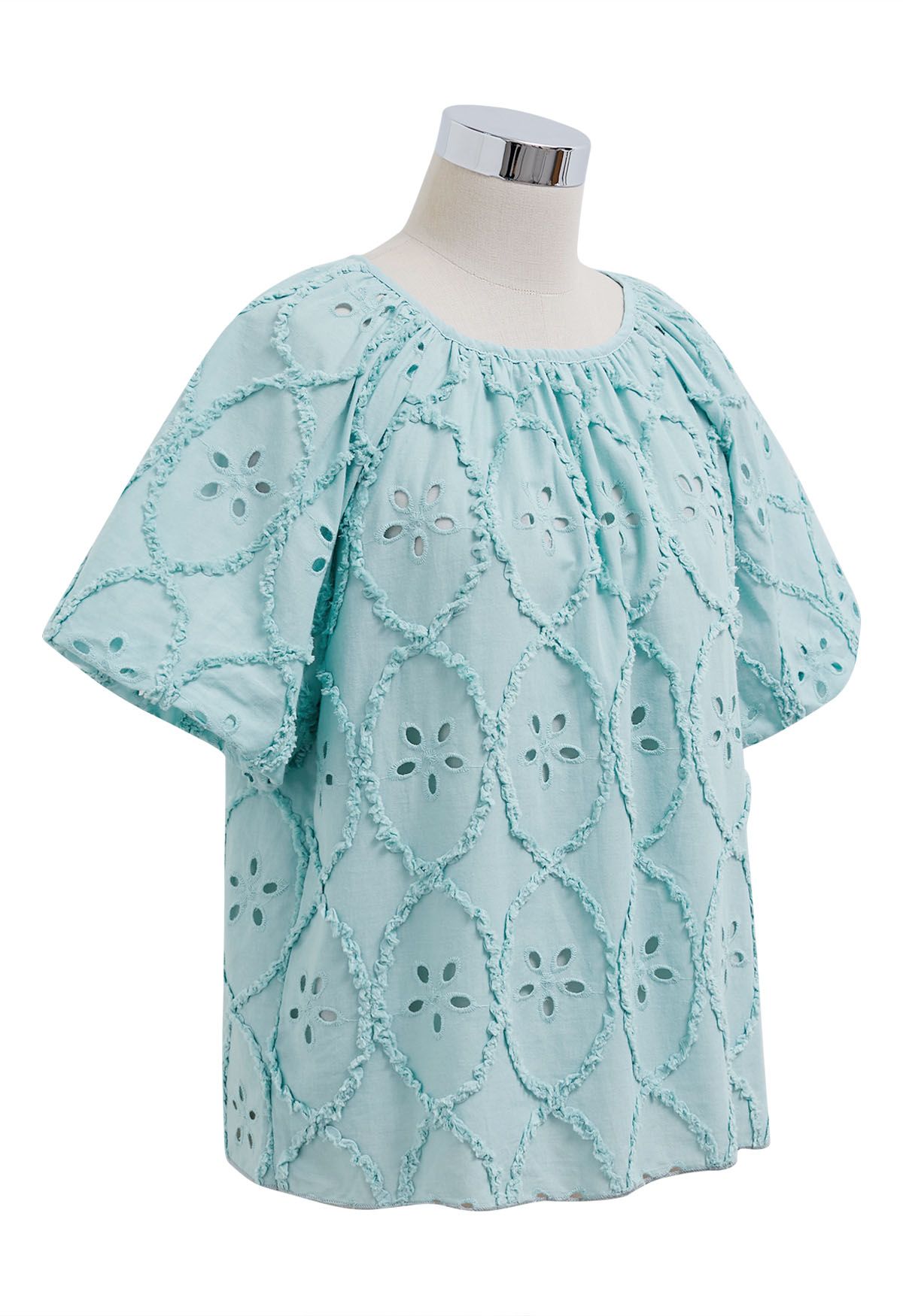 Floral Eyelet Embroidery Bubble Sleeves Top in Turquoise