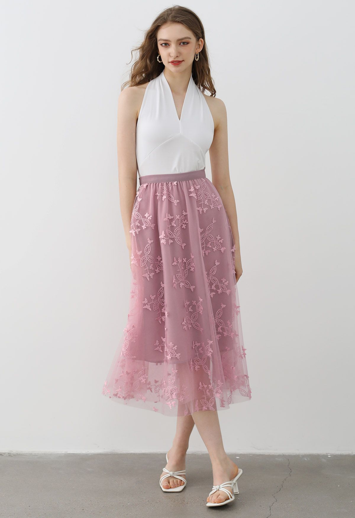 Cutie Butterfly Embroidered Mesh Tulle Midi Skirt