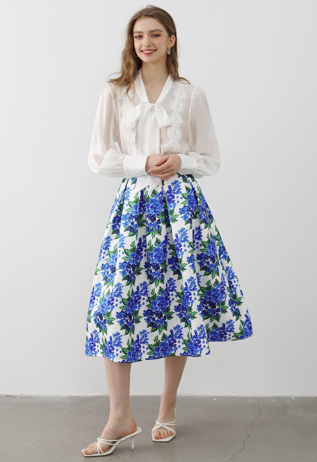 Blue Floral Romance Pleated Midi Skirt