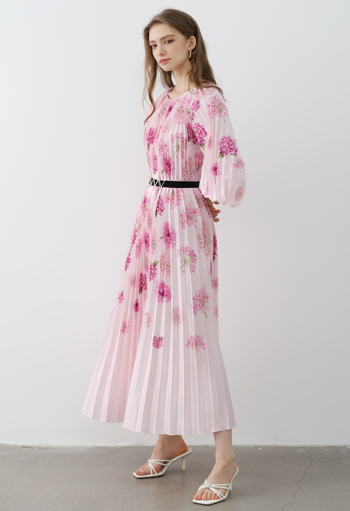 Blossoming Day Watercolor Pleated Maxi Dress in Pink