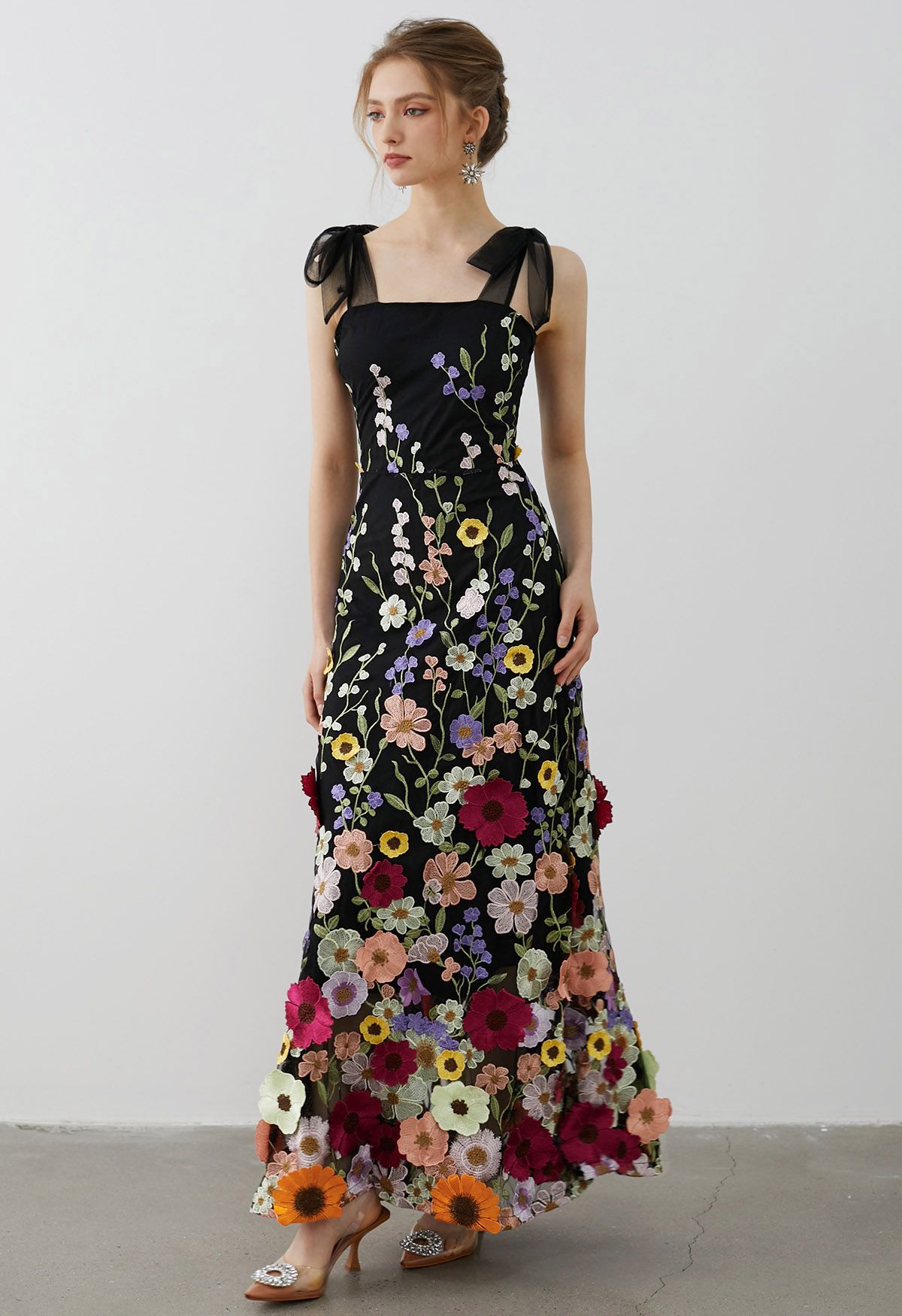 3D Floral Applique Tie-Strap Mesh Tulle Maxi Dress in Black