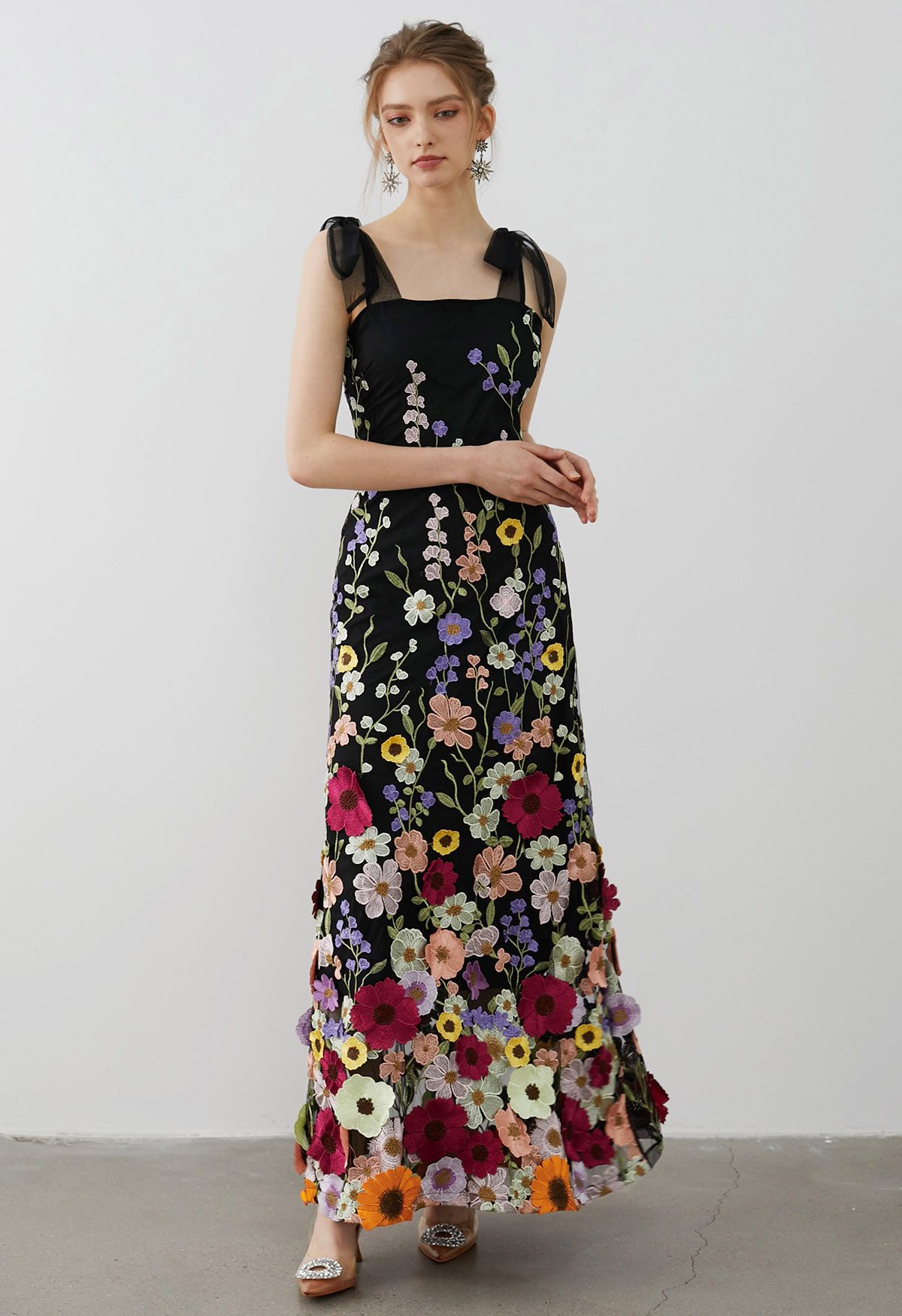 3D Floral Applique Tie-Strap Mesh Tulle Maxi Dress in Black